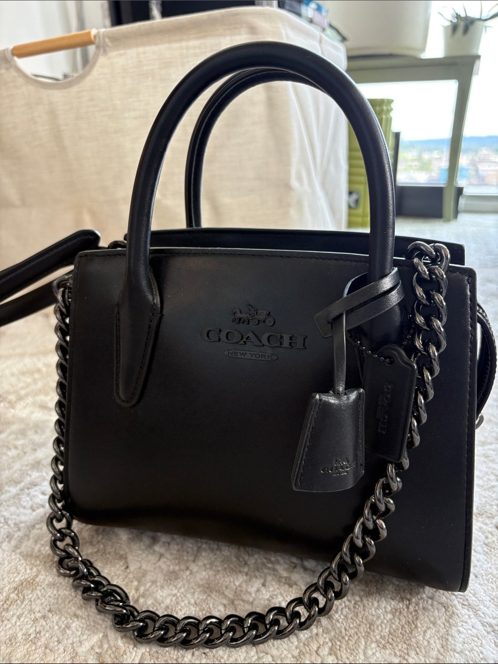 Coach Black Leather Mini Satchel with Chain Strap